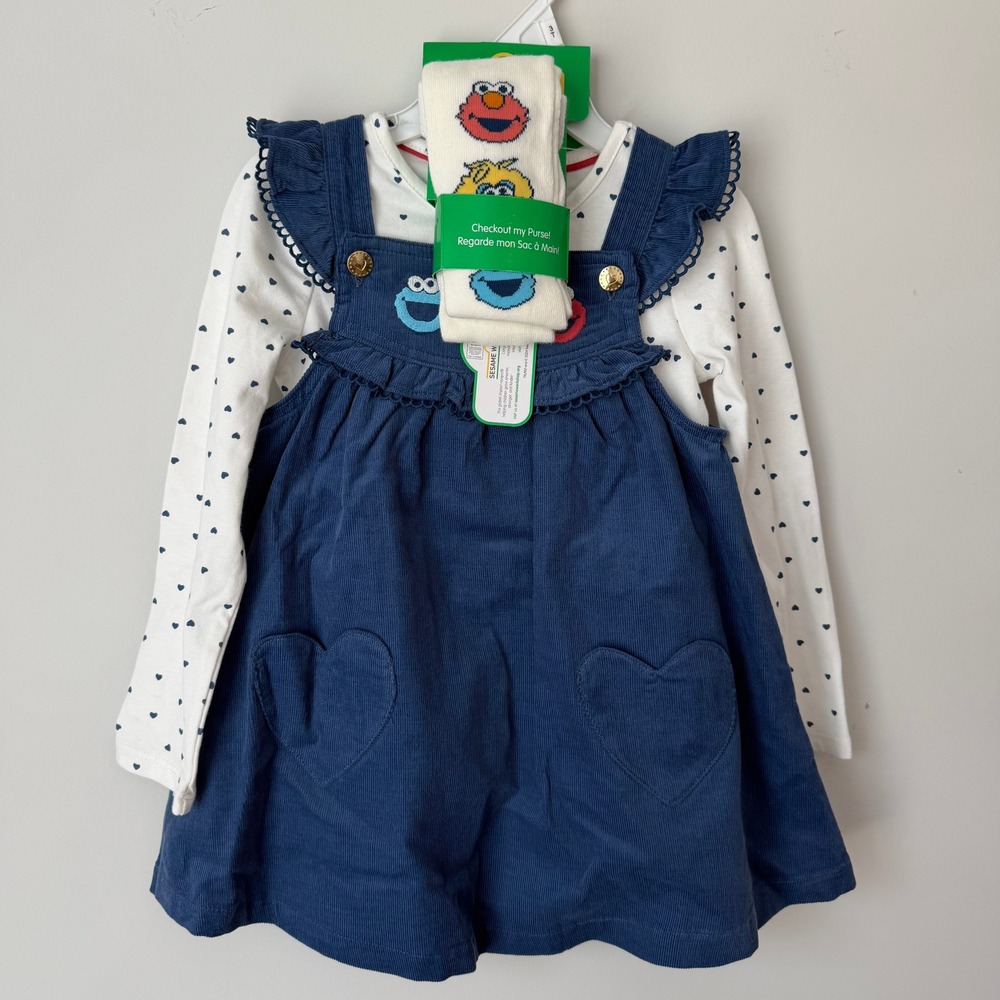 New 3T Sesame Street Friends Toddler Girl Corduroy Dress Outfit Socks Bag Blue
